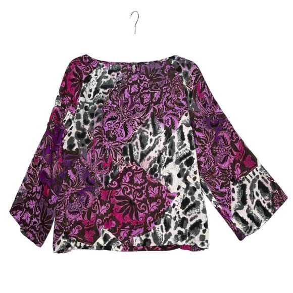 Peter Nygard Top Womens 10 Pink Black Long Sleeve Round Neck Floral Spots Print - Picture 10 of 14